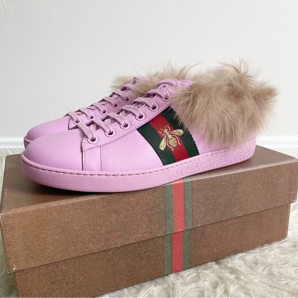 Gucci Ace Fur Lined Sneaker Pink Leather Web Bee NEW size 37 - Picture 4 of 15
